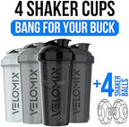 VELOMIX -4 Pack- 28 oz Protein Shaker Bottles for Protein Mixes - 4x Wire Whisk | Leak Proof Shaker Cups for Protein Shakes | Stackable Protein Shaker Bottle Pack (Silver Mix)