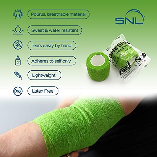 Green - Cohesive Bandage Wrap 2" x 5 Yards by SNL, Latex Free, Individually Wrapped Rolls, Adhesive, Stretchable Breathable, First Aid, Sports Athletic Ankle Medical Tape, Humans & Animals - 6 Pack