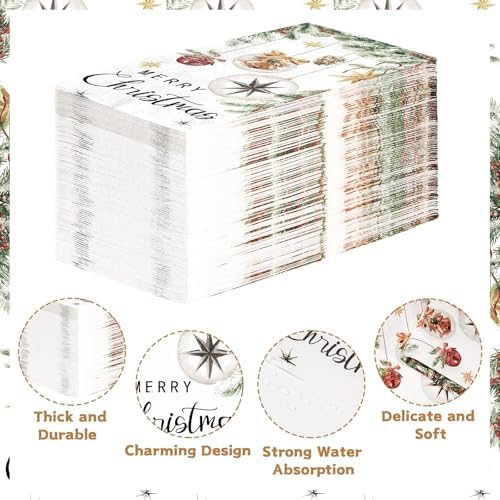 100 Pcs Christmas Paper Napkins 3 Ply Disposable Absorbent Xmas Pine Tree Lamp Hand Towels for Kitchen Bathroom Merry Christmas Winter Holiday Decoration
