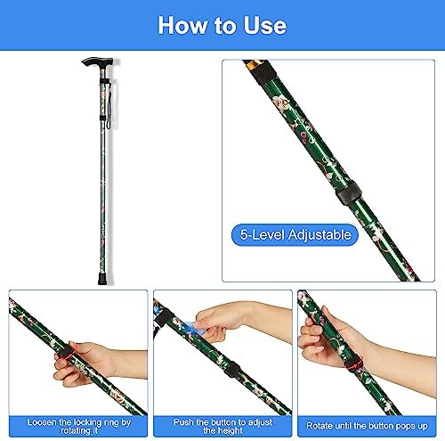 supregear Folding Cane, 5-Level Adjustable Height Walking Stick Lightweight Collapsible Portable Travel Cane with Wrist Strap and T Handle for Elderly Disabled Men Women