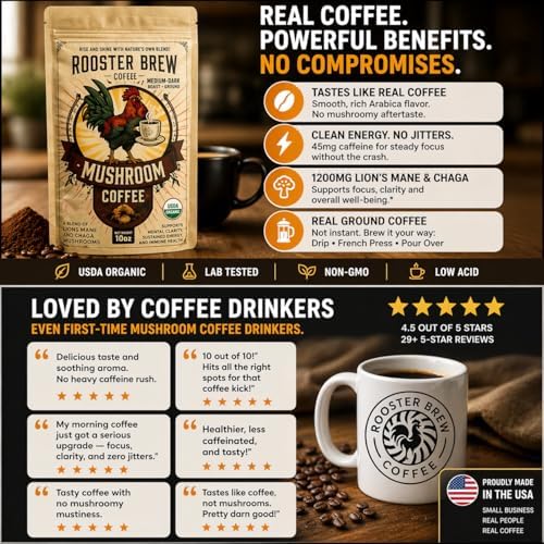 Premium Coffee + Focus & Energy with 1200mg Lion’s Mane & Chaga, Organic Mushroom Coffee (Not Instant), Organic Medium Roast Ground Arabica, Low Caffeine & Low Acid, 10oz – Rooster Brew