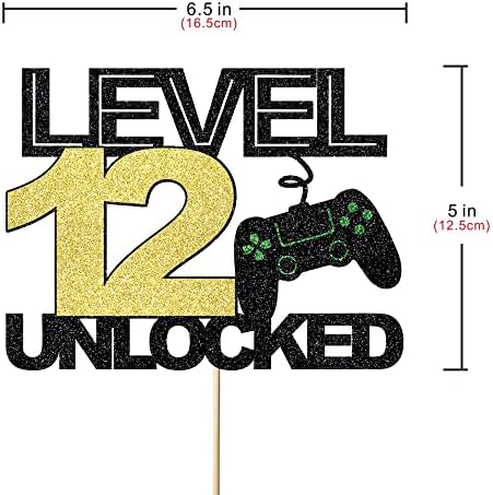 level 12 unlocked cake topper official teenager 12th birthday cake decoration, video game controller theme happy birthday party decoration, black gold glitter cake decoration
