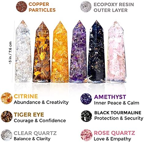 Healing Crystal Wand Set of 6 Orgonite – Includes 3” Amethyst Crystal, Tigers Eye, Rose Quartz, Black Tourmaline Stone, Citrine and Clear Quartz Orgone Crystal Plus Black Tourmaline Necklace