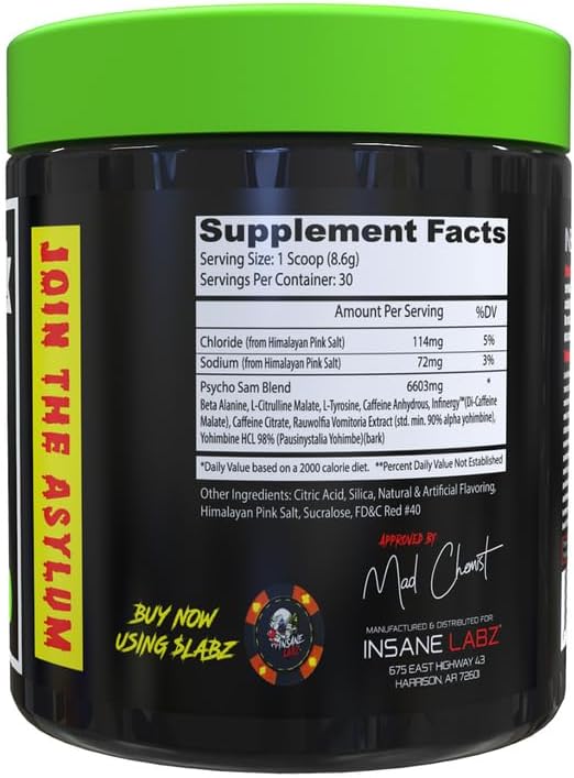 Insane Labz Psycho Sam, High Stimulant Pre Workout Powder, 30 Srvgs (30 Servings (Pack of 1), Watermelon