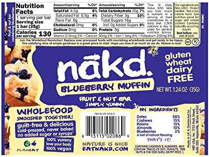 Nakd Bar, Blueberry Muffin Raw Fruit and Nuts, Gluten Free, Vegan, 18 Count18