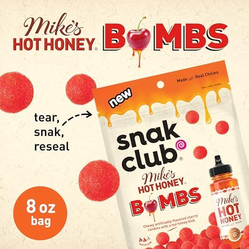 Snak Club Mike’s Hot Honey Bombs Chewy Candy, Cherry Candy with Sweet Heat, Soft Candies, Unique Snacks, 8 oz Family Size Bag