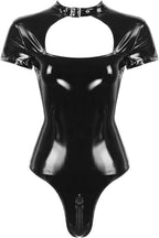 Womens Femme Leather Costumes Clubwear Lingerie Masquerade Collar Neck Double Ended Zipper Bodysuit Sexy Party Outfits,Black,L