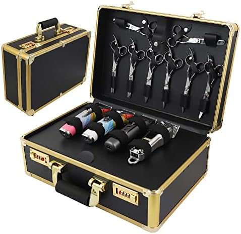 Barber Case Clipper Bag Gold, Hair Kit Tool Box Aluminum Organizer with Portable Handle and Secure Numlock for Scissors, Clippers, Barber Supplies 15.7" x 12" x 6.1"