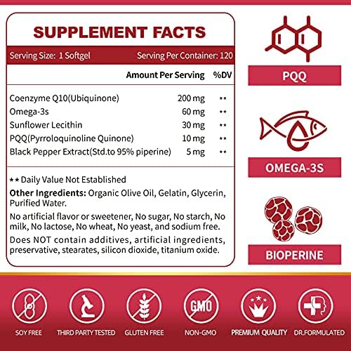 ZEBORA CoQ10-200mg-Softgels with PQQ, BioPerine & Omega-3, 120 Servings Coenzyme Q10(Ubiquinone) Supplement for High-Absorption, Powerful-Antioxidant, Support Heart & Energy-Production