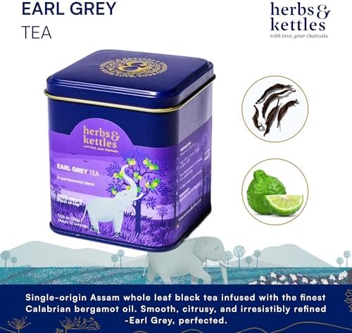 Herbs & Kettles Earl Grey Tea | Assam Black Tea Infused with Italian Bergamot Oil | Premium Loose Leaf Earl Grey with Smooth Citrus Aroma & Velvety Finish | Makes 12–14 Servings, 20-30 Cups | Gourmet Tea Gift