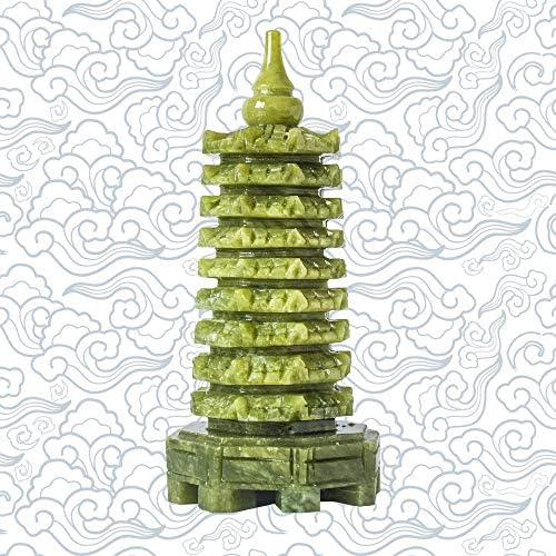 Green Natural Jade Nine-Storey Wenchang Tower Pagoda Statue Fengshui Handmade Figure Hand Carved Collection Arts Ornaments Home Decor