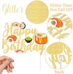 Glittery Gold Sushi Birthday Cake Topper - 'Let's Roll' Sushi Party Decoration for Japanese Themed Events