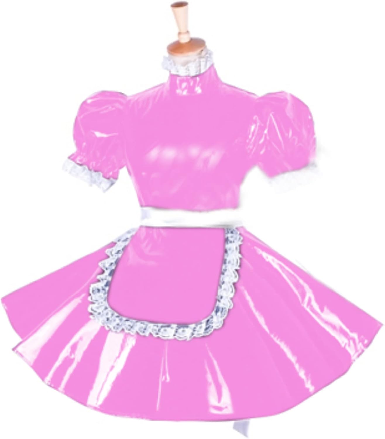 Lockable PVC Dress Short Puff Sleeve Outfit Crossdresser Plus Size Sissy Dress,Pink,L