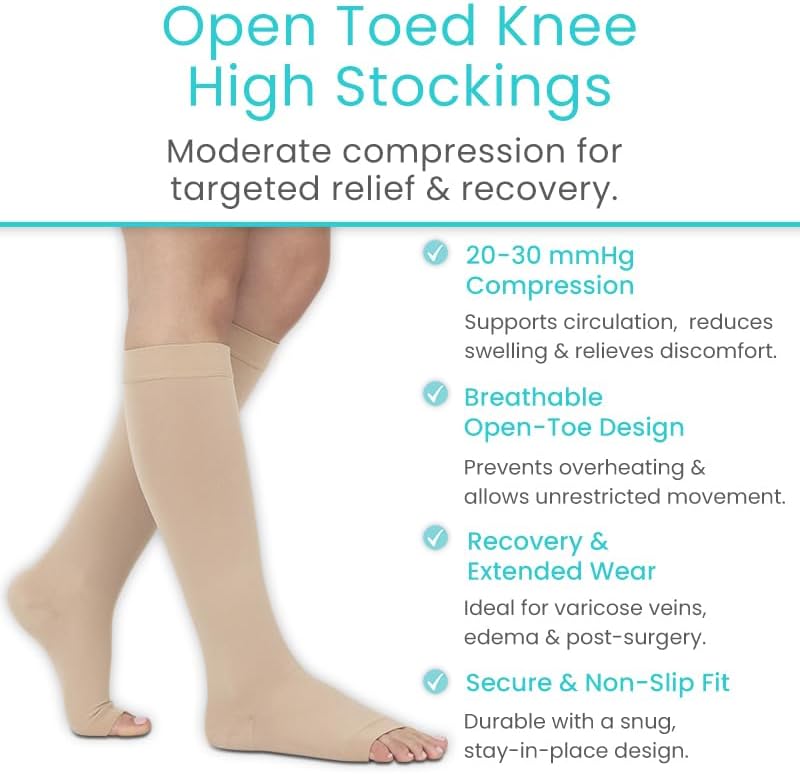 Vive 20-30 mmHg Medical Grade Compression Socks for Women & Men Open Toe - Knee High Support Stockings for Varicose Veins, Lymphedema, Plantar Fasciitis, Pregnancy, Restless Legs Syndrome, Swelling