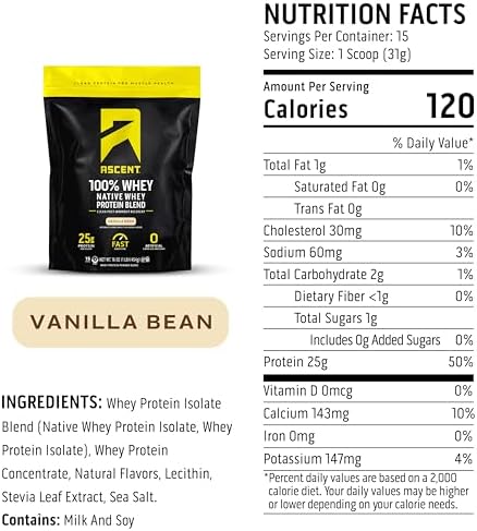 Ascent 100% Whey Protein Powder - Post Workout Whey Protein Isolate, Zero Artificial Flavors & Sweeteners, Gluten Free, 5.5g BCAA, 2.6g Leucine, Essential Amino Acids, Vanilla 1 lb