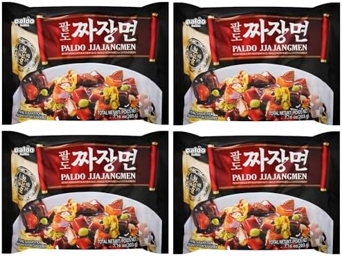 Paldo Fun & Yum Jjajangmen Instant Noodles, Pack of 4, Brothless Chajang Ramen with Savory & Sweet Black Bean Sauce, Oriental Style Korean Ramyun, Soupless K-Food, (Pack of 4)