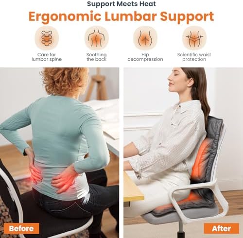 Heated Seat Cushion with Lumbar Support for Office, Heated Seat Cover Pain Relief for Long Sitting, Seat Warmer for Back, Lumbar, Hip, Thigh, Universal Fit, Auto Shut Off, 3 Heat Levels, Dark