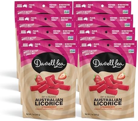 Darrell Lea Soft Australian Licorice, Non-GMO, No Palm Oil, Vegetarian Friendly, No High Fructose Corn Syrup, Soft & Chewy Licorice Candy, Made in Australia (Strawberry, 7 Ounce (Pack of 8))