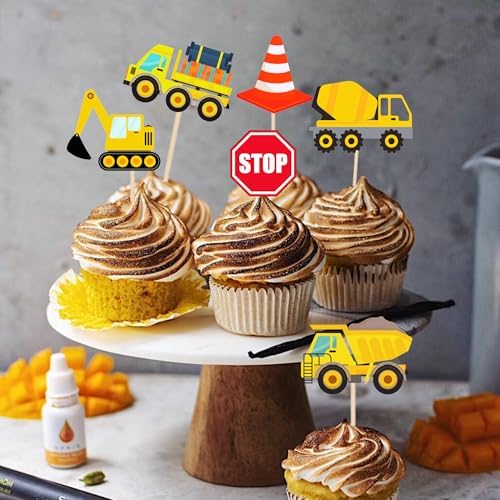 24 PCS Construction Cupcake Toppers Stop Sign Dump Truck Excavator Tractor Party Cake Food Picks Decorations for Construction Theme Baby Shower Kids Birthday Party Supplies