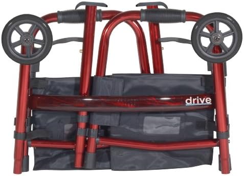 Drive Medical Deluxe Portable Folding Travel Walker with 5" Wheels and Fold up Legs, Red