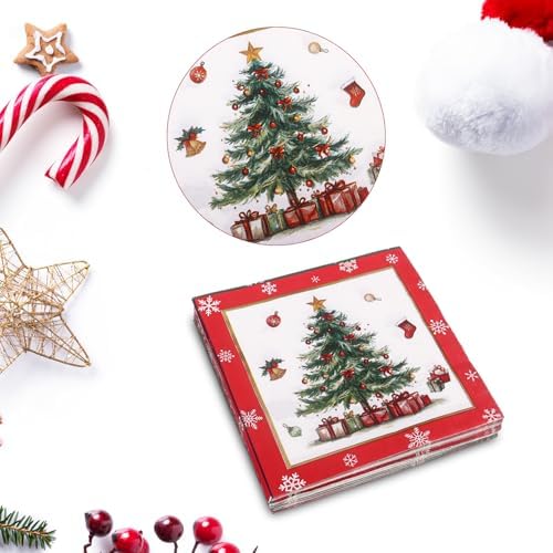 50Pcs Christmas Napkins Paper Disposable Christmas Tree Cocktail Napkins Double Sided Design Xmas Table Napkin for Xmas Luncheon Dinner Party Supplies