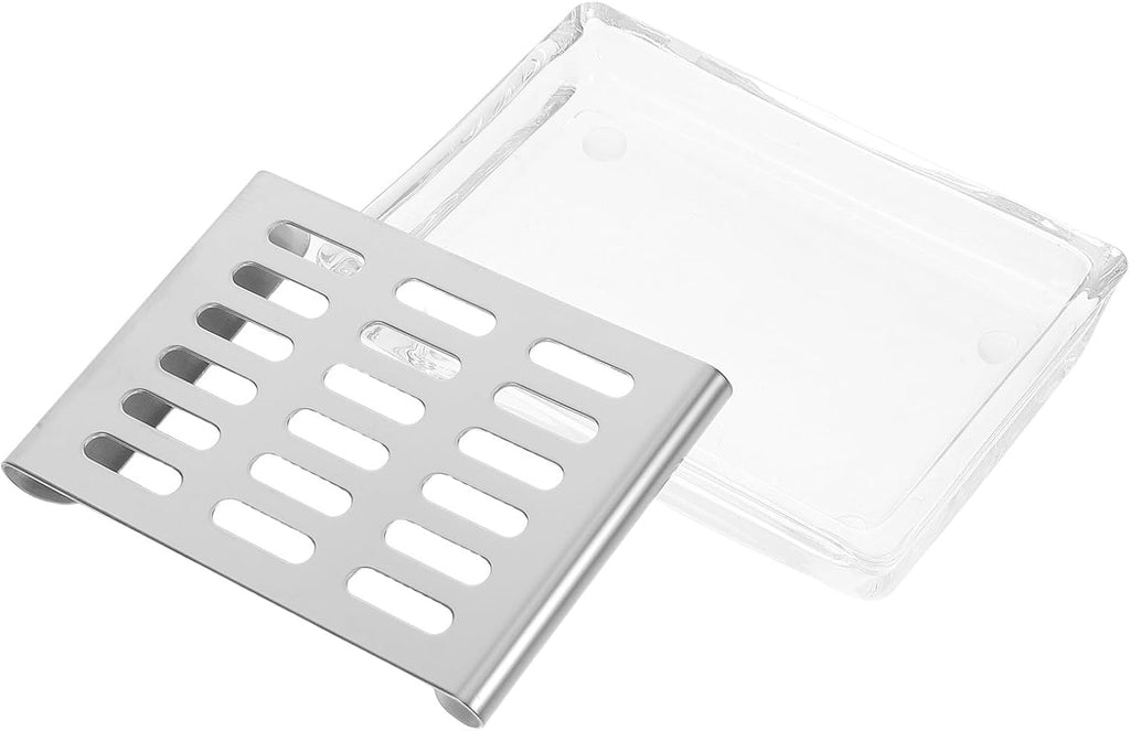 IMIKEYA Glass Soap Dish with Rectangular Double-Layer Design, Glass Bar Soap Holder with Stainless Steel Draining Tray for Bathroom and Shower Use