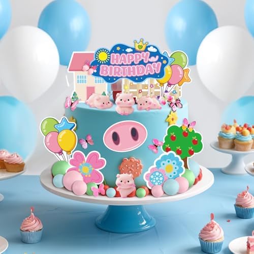 Pink Pig Cake Topper- Pig Happy Birthday Cake Topper, Pink Pig Cake Decoration with Pig Figurine, Butterfly, Pink Pig Cake Decoration Cute Animal Cake Topper for Boy Girl Birthday Party Supplies