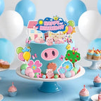 Pink Pig Cake Topper- Pig Happy Birthday Cake Topper, Pink Pig Cake Decoration with Pig Figurine, Butterfly, Pink Pig Cake Decoration Cute Animal Cake Topper for Boy Girl Birthday Party Supplies