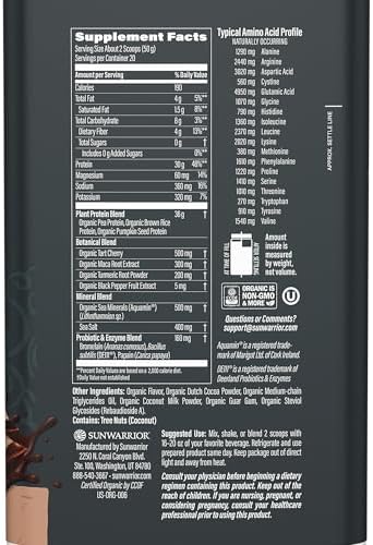 Sunwarrior Organic Plant Based Protein Powder | Vegan Organic Protein Powder with BCAA Amino Acids Plus Recovery Minerals & Botanicals | Non-GMO Soy Dairy & Gluten Free (Chocolate, 20 Servings)