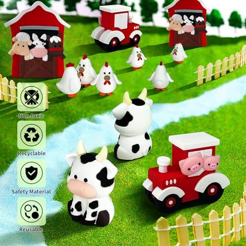 6 PCS Farm Cake Topper with Cow Tractor Cake Decorations for Farm Animal Theme Birthday Party Decoration Supplies (Red)