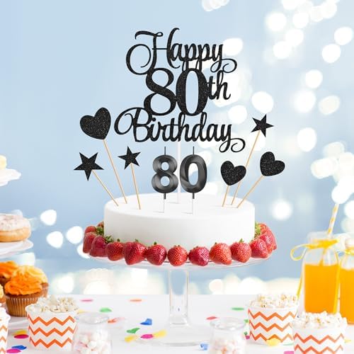 80th Birthday Cake Decorations, 80th Birthday Candles Cake Numeral Candles and Glitter Happy 80th Birthday Cake Toppers Set for Birthday Party Supplies (Black)