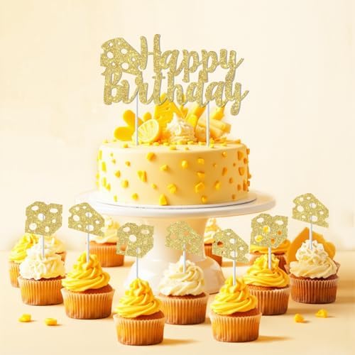 25 Pcs Cheese Birthday Cake & Cupcake Topper Set, Gold Glitter Happy Birthday Cake Topper Decor, Macaroni and Cheese Theme Cupcake Picks for Birthday Party Supplies