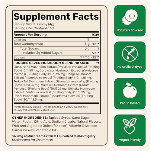Fungies Multi Mushroom Gummies for Men & Women - Mushroom Supplement Includes Lion’s Mane, Cordyceps, Reishi, Chaga, Shiitake, Maitake & Turkey Tail - Gelatin-Free, Gluten-Free & Vegan Gummy Vitamins