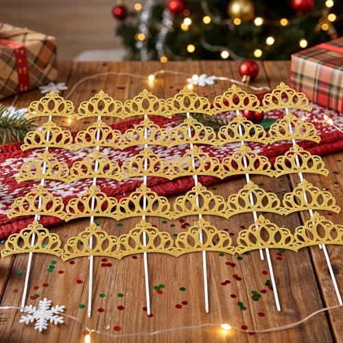 24 Pcs Crown Cupcake Toppers Gold Princess Cupcake Toppers Glitter Queen Crown Cupcakes Picks for Queen Princess Theme Baby Shower Girls Wedding Birthday Party Cake Decorations Supplies