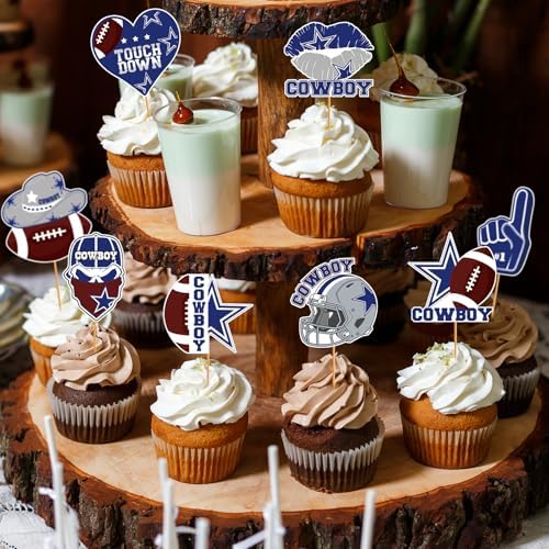 Cowboy Birthday Party Decorations - 24 Pcs Blue Cowboy Football Cupcake Topper Picks, American Rugby Cup Cake Toppers, Game Day Sports Theme Party Supplies Favors Decor for Boys Kids Men