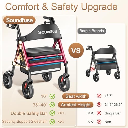 SOUNDFUSE Walkers for Seniors with seat, Foldable Rollator Walker with Double Support Bar, 16" Extra Wide Ergonomic Arc Seat, 8" All Terrain Wheels, 350lb, Dual Height Adjustable, and Storage Bag