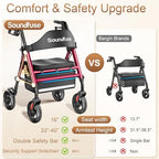 SOUNDFUSE Walkers for Seniors with seat, Foldable Rollator Walker with Double Support Bar, 16" Extra Wide Ergonomic Arc Seat, 8" All Terrain Wheels, 350lb, Dual Height Adjustable, and Storage Bag