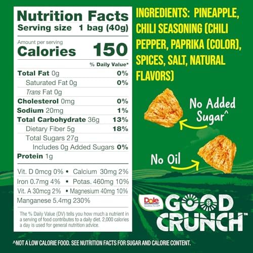 Dole Good Crunch Pineapple with Chili Dried Fruit Bites, Gluten Free & Vegan Snack, 1.4oz Bags (Pack of 6)