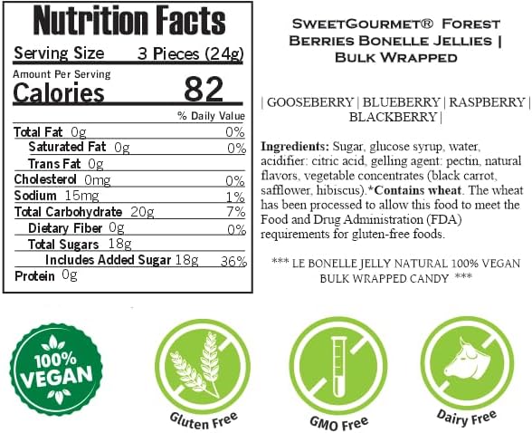 SweetGourmet Forest Berries Bonelle Jellies, Soft Fruit Jelly Candy, Blackberry Gooseberry Blueberry Raspberry, Wrapped, Vegan, 1 Pound