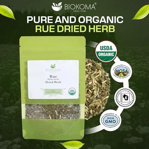 Biokoma Organic Rue Dried Herb 50g Premium Loose Leaf Ruta Graveolens USDA Organic Herbal Tea Aromatic Sachets Spiritual Use Resealable Moisture Proof Pouch No Additives No Preservatives No GMO Kosher