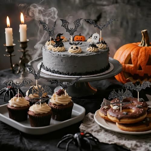 Black Glitter Bat Cupcake Toppers 24Pcs Bat Halloween Cupcake Picks Bats Cake Decorations Halloween Bat Wings Cake Decorations Horror Cake Cupcake Toppers for Halloweens Theme Birthday Party