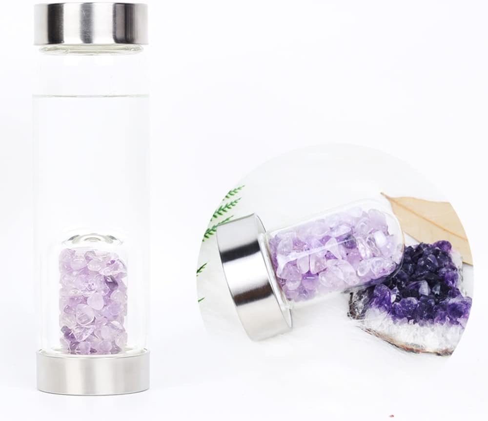 PAHION Crystal Water Bottle Natural Quartz Crystal Gemstone Point Reiki Healing Elixir Energy Infused Water Bottle Gravel Stone Cup With Removable Gemstones And Protective Sleeve
