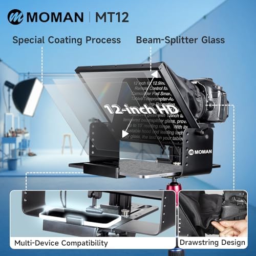 Moman Teleprompter, Metal Prompter iPad Tablets with APP Remote Control for DSLR Camera Camcorder Smartphone Mobile,for Tablets Autocue Camera Prompting,Metal Prompter Kit(MT12,12inch)