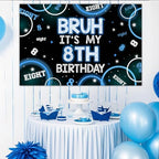 Bruh It’s My 8th Birthday Decor 4.92 * 3.28ft Bruh It’s My 8th Birthday Backdrop Banner Blue Black Eighth Birth Day Decor for Boy Happy Eighth Bday Supplies Eight Years Old Photo Booth Prop