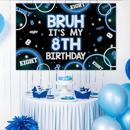 Bruh It’s My 8th Birthday Decor 4.92 * 3.28ft Bruh It’s My 8th Birthday Backdrop Banner Blue Black Eighth Birth Day Decor for Boy Happy Eighth Bday Supplies Eight Years Old Photo Booth Prop