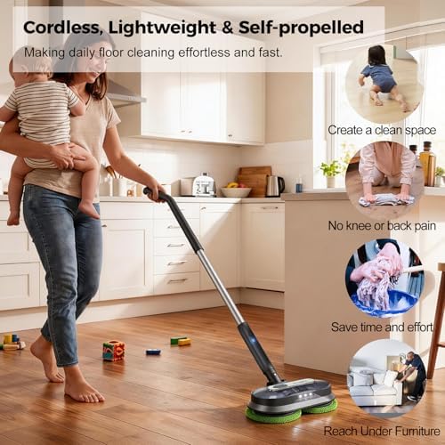 Cordless Electric Mop with Spray & Detachable Water Tank, Lightweight Electric Spin Mop with Headlights for Hardwood Tile Laminate Floors, Long-Lasting Battery, Self-Propelled Floor Cleaner