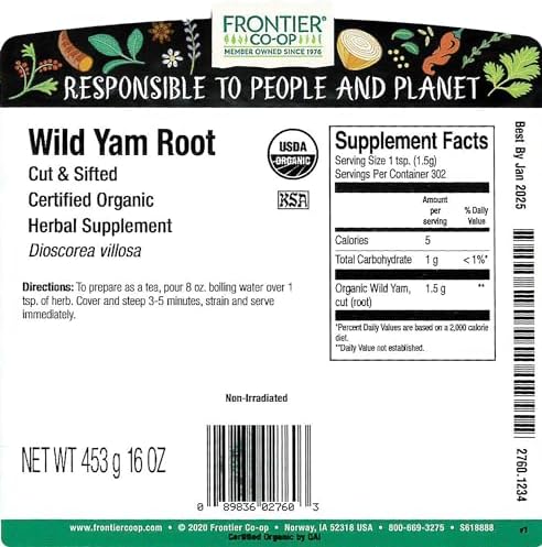 Frontier Co-op Wild Yam Root, Cut and Sifted, Certified Organic, Kosher | 1 lb. Bulk Bag | Dioscorea villosa L.