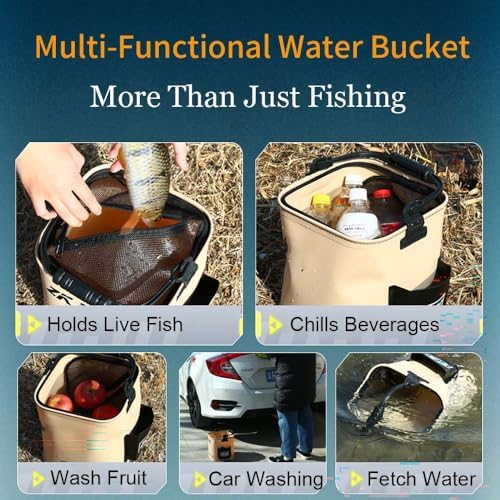 Collapsible Fishing Bucket 3.7 Gallon/14L - Portable Folding Live Bait Bucket with Aerator Pocket, Rope & Net for Live Fish & Shrimp, Kayak, Camping, Hiking