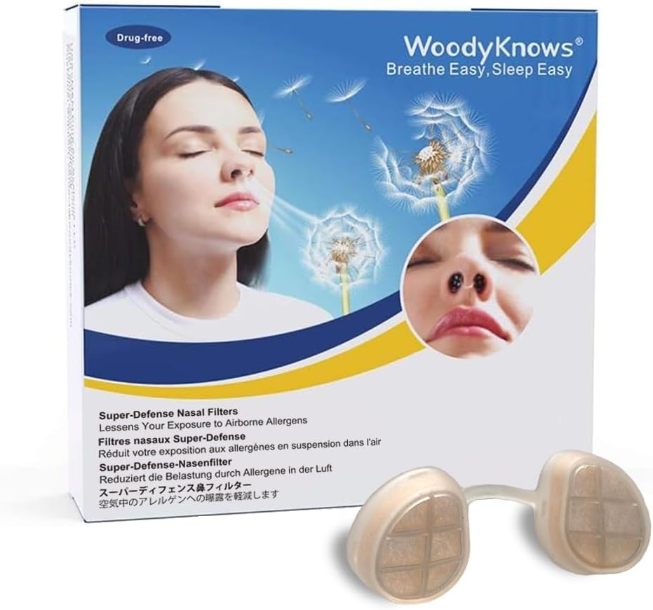 WoodyKnows 3 Super-Defense Nasal Filters with 24 Pairs of Replacement Filters, seasonal allergies and industrial pollution aid (Round, Medium, 3 Filters+24 Replacements)