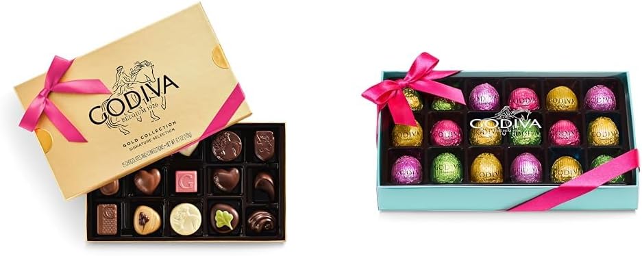 Godiva Gold Assorted Chocolate Gift Box, Azalea Pink Ribbon,15 Pc + Godiva Foil-Wrapped Chocolate Easter Mini Eggs Gift Box 18 Pc Bundle